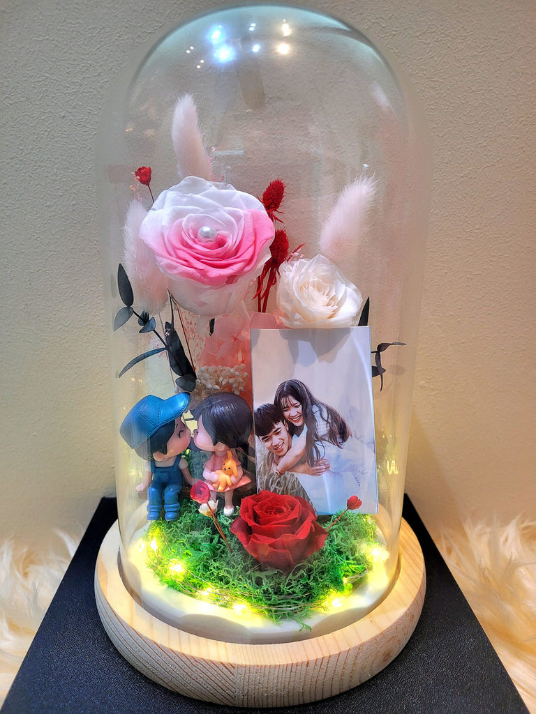 Personal Photo & Eternal Couple Preserved Flower Dome With Pink Roses