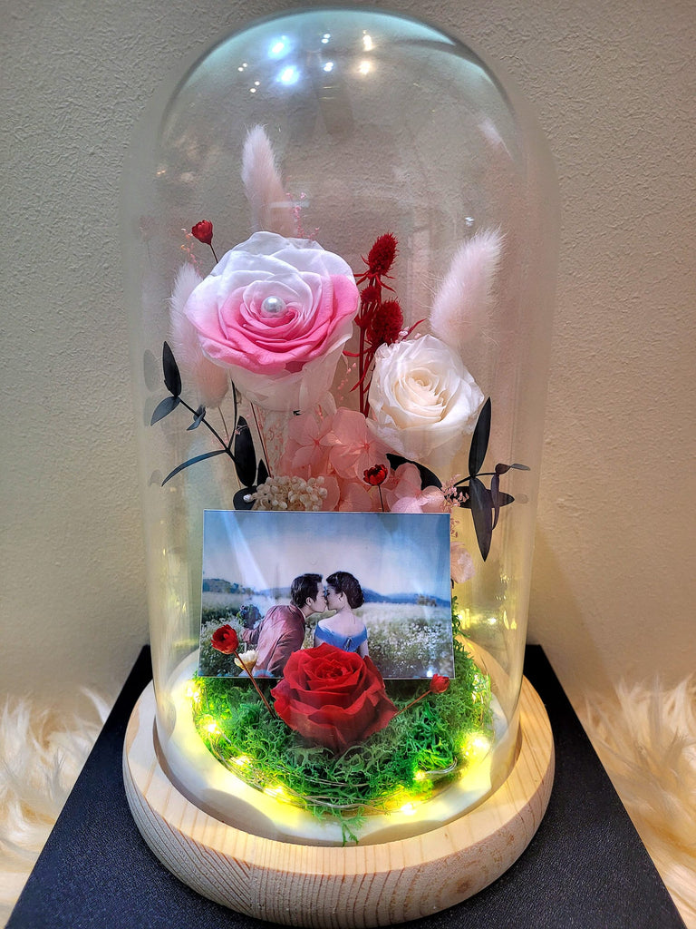 Personal Photo Preserved Flower Dome With Pink Roses And Same Day Delivery