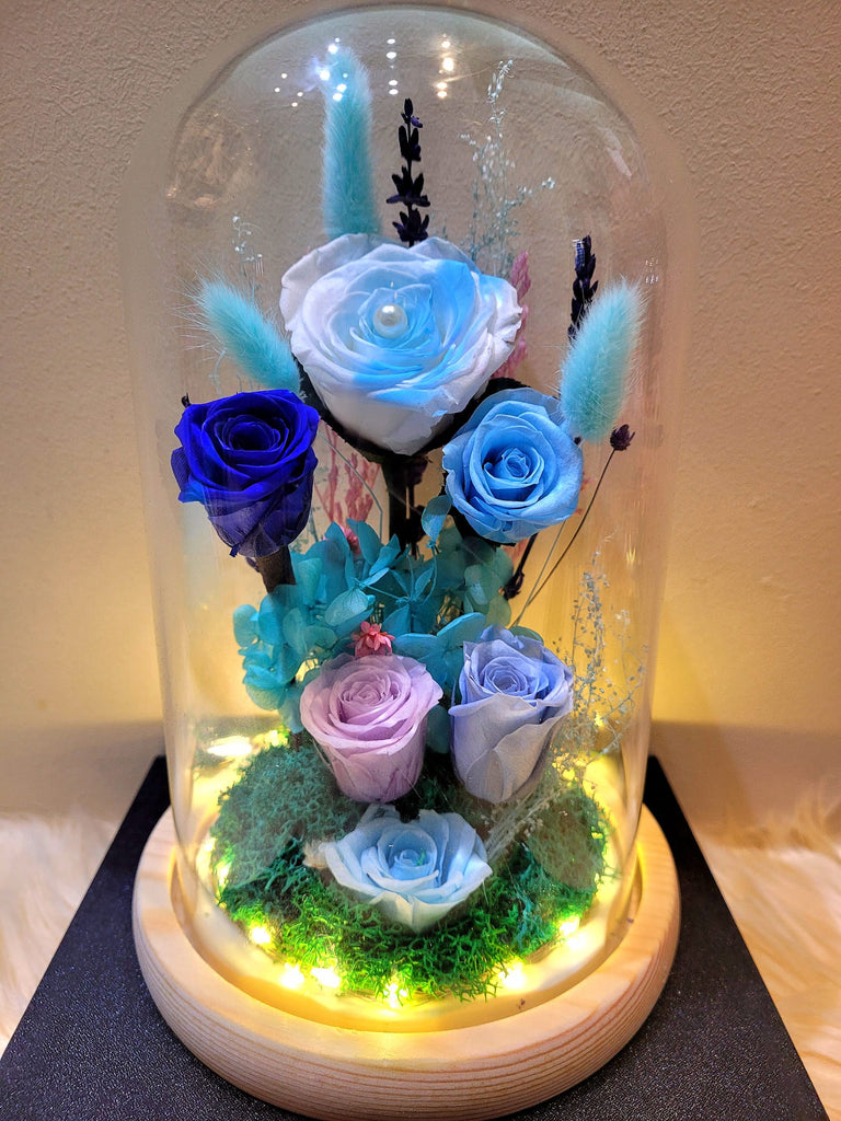 6 Roses Preserved Flower Dome And Same Day Delivery (Multi-Blue Theme)
