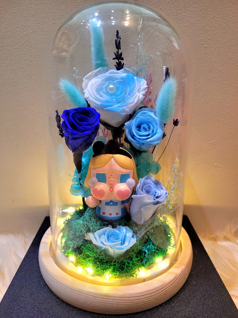 5 Roses Premium Popmart Crybaby Preserved Flower Dome (Multi-Blue Theme)