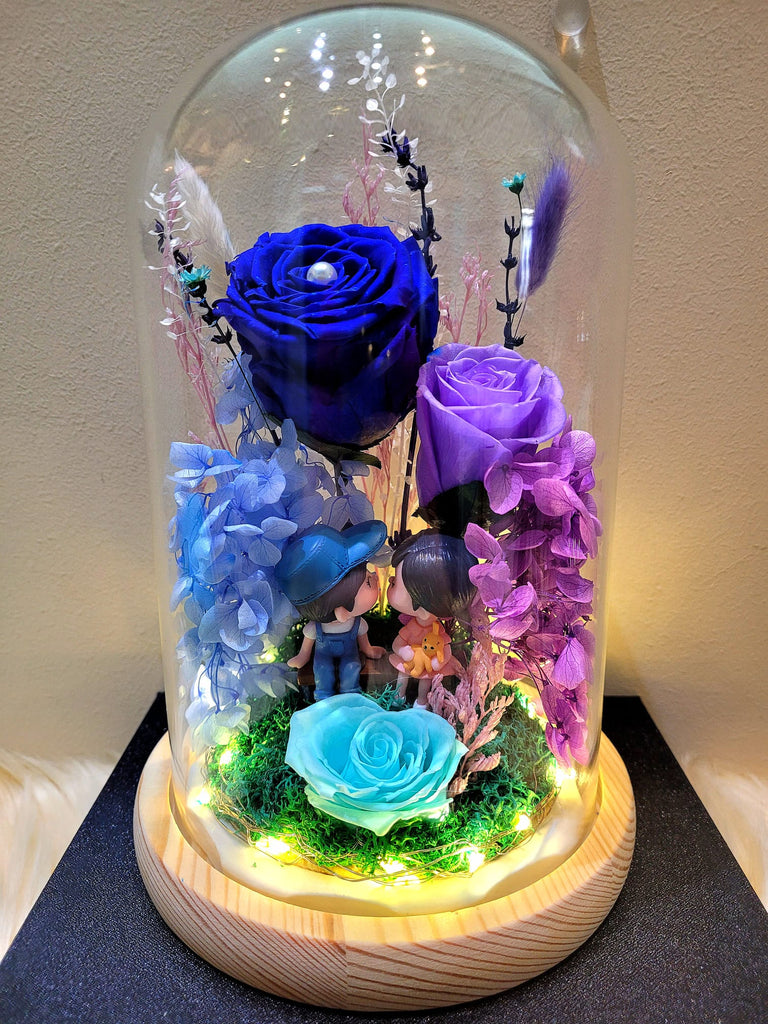 Eternal Couple V2 Preserved Flower Dome With Dark Blue Roses And Same Day Delivery