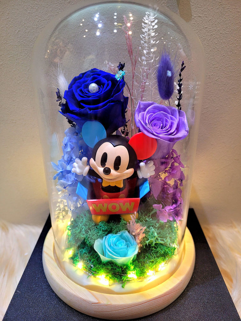 Premium Popmart Mickey Mouse Preserved Flower Dome With Dark Blue Roses And Same Day Delivery