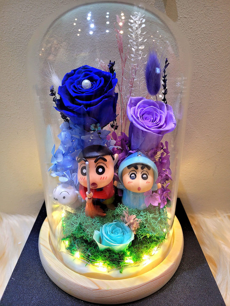 Premium Crayon Shin-Chan Preserved Flower Dome With Dark Blue Roses And Same Day Delivery