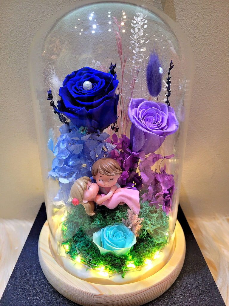 Eternal Couple V3 Preserved Flower Dome With Dark Blue Roses And Same Day Delivery