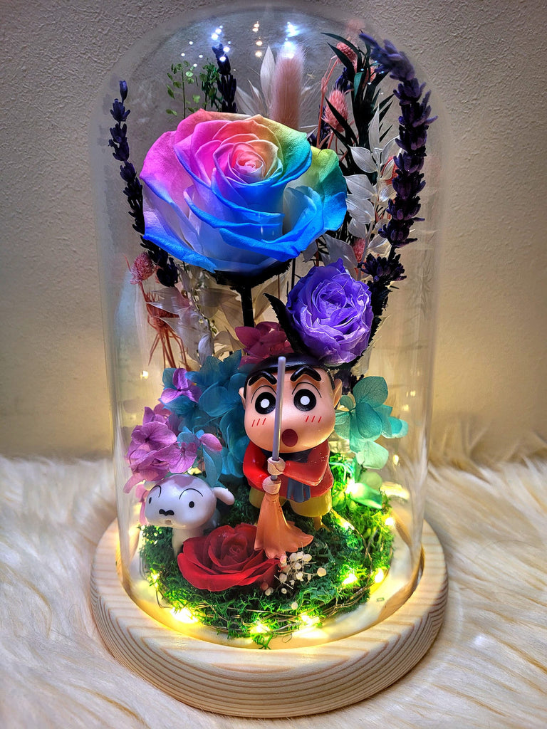 Crayon Shin-Chan Preserved Flower Dome With Rainbow Roses. Same Day Delivery Available.