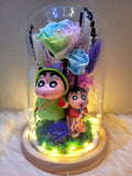 Premium Preserved Flower Dome With Rainbow Roses & 2 Crayon Shin-Chan Figurines