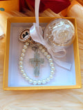 Christian Bag Charm With White Preserved Rose And Acrylic Cross (Same Day Delivery. Comes with a Gift Box)