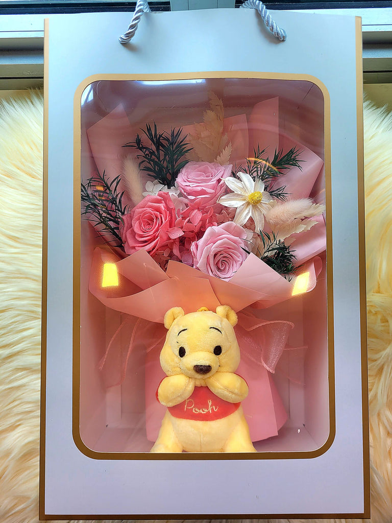 Forever In Love Preserved Flowers Bouquet With Winnie The Pooh Plush Toy. 100% High Quality Real Flowers. Same Day Delivery.