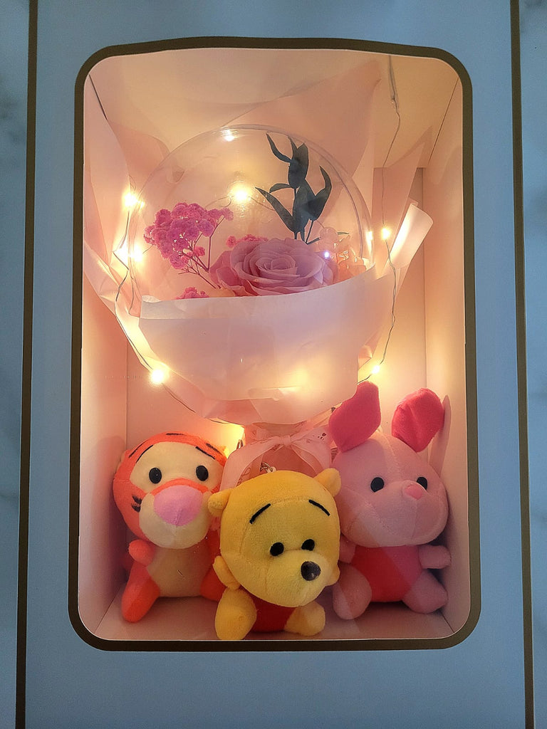 Acrylic Ball Preserved Pink Rose Flowers Bouquet With Winnie & Friends Plush