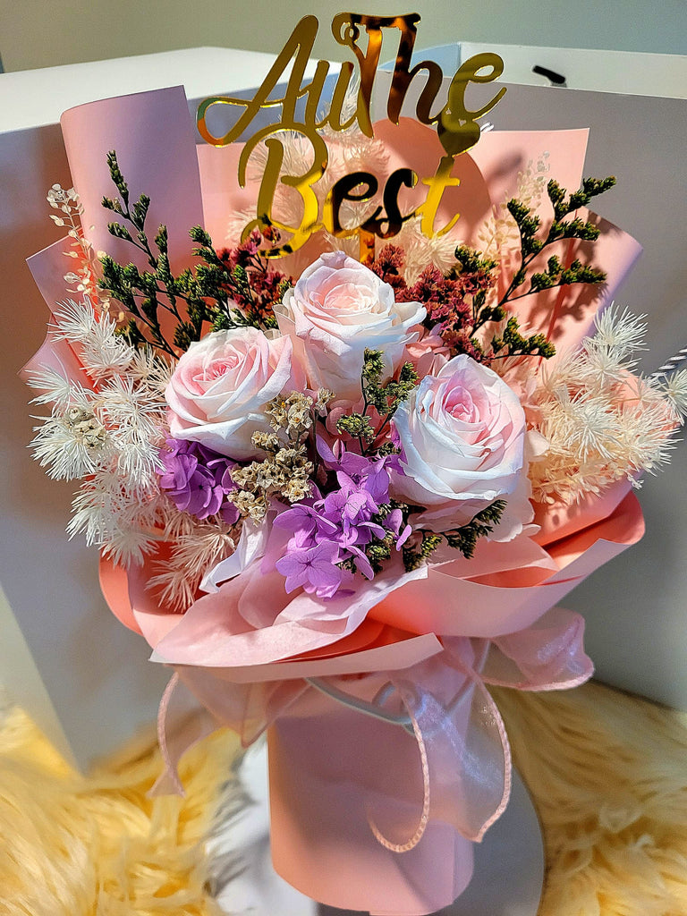 Timeless Romance Pink Preserved Roses Bouquet. Real Flowers.