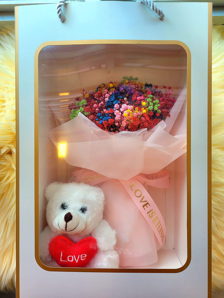 Eternal Blossoms Preserved Baby's Breath Bouquet With Teddy Bear Plush Toy.  100% High Quality Real Flowers. Same Day Delivery.