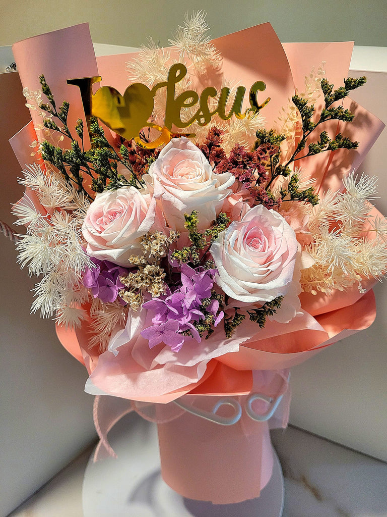 Baptism Bouquet: Timeless Romance Multi-Pink Preserved Roses Bouquet.