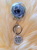 Christian Bag Charm With Blue Preserved Rose (Same Day Delivery. Comes with a Gift Box)