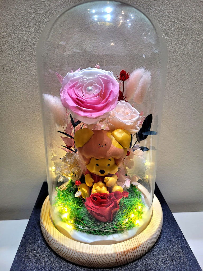 Winnie The Pooh Preserved Flower Dome With Pink Roses And Same Day Delivery